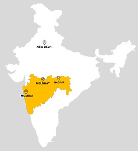 Map of India marking Melghat, Nagpur, Mumbai and New Delhi
